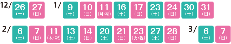 運行予定日:12月26日、27日、1月9日、10日、11日、16日、17日、23日、24日、30日、31日、2月6日、7日、11日、13日、14日、20日、21日、23日、27日、28日、3月6日、3月7日