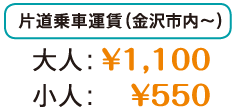 片道乗車運賃(金沢市内~)大人:1,100円、小人:550円