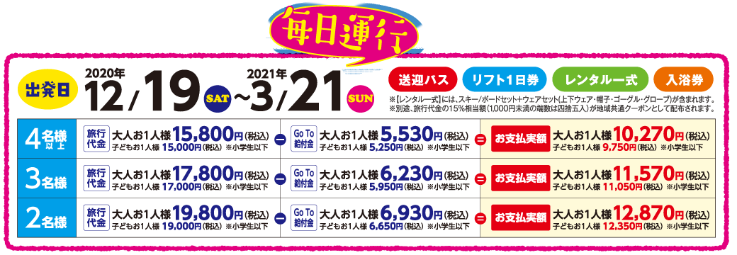 出発日:2020年12月19日(土)〜2021年3月21日(日) 送迎バス・リフト1日券・レンタル一式・入浴券 ※【レンタル一式】には、スキー/ボードセット+ウェアセット(上下ウェア・帽子・ゴーグル・グローブ)が含まれます。※別途、旅行代金の15%相当額(1,000円未満の端数は四捨五入)が地域共通クーポンとして配布されます。 4名様以上旅行代金:大人お一人様15,800円(税込)子どもお一人様15,000円(税込)※小学生以下 Go To給付金:大人お一人様5,530円(税込)子どもお一人様5,250円(税込)※小学生以下 なのでお支払い実額大人お一人様10,270円(税込) 3名様旅行代金大人お一人様17,800円(税込)子どもお一人様17,000円(税込)※小学生以下 Go To 給付金大人お一人様6,230円(税込)子どもお一人様5,950円(税込)小学生以下 なのでお支払い実額大人お一人様11,570円(税込) 子どもお一人様11,050円 2名様の旅行代金大人お一人様19,800円(税込)子どもお一人様19,000円(税込)※小学生以下 Go To 給付金大人お一人様6,930円(税込)子どもお一人様6,650円(税込)※小学生以下 なのでお支払い金額は大人お一人様12,870円(税込)子どもお一人様12,350円(税込)※小学生以下